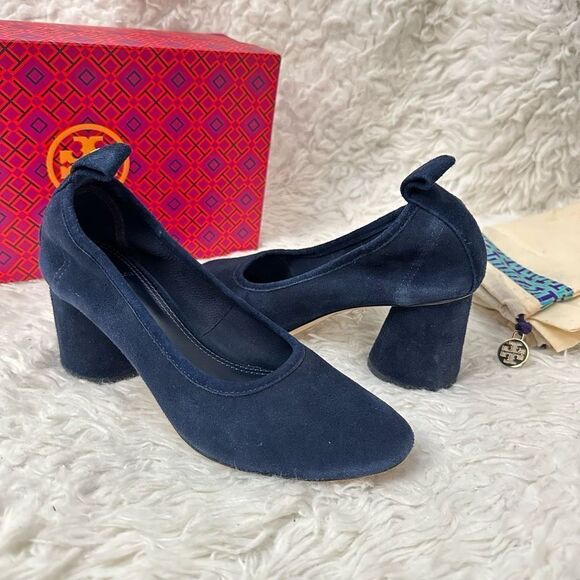 TORY BURCH Therese 65mm Blue Suede Chunky Heel Pumps, Slip On‎ cushioned  sz 7.5 - Picture 1 of 10